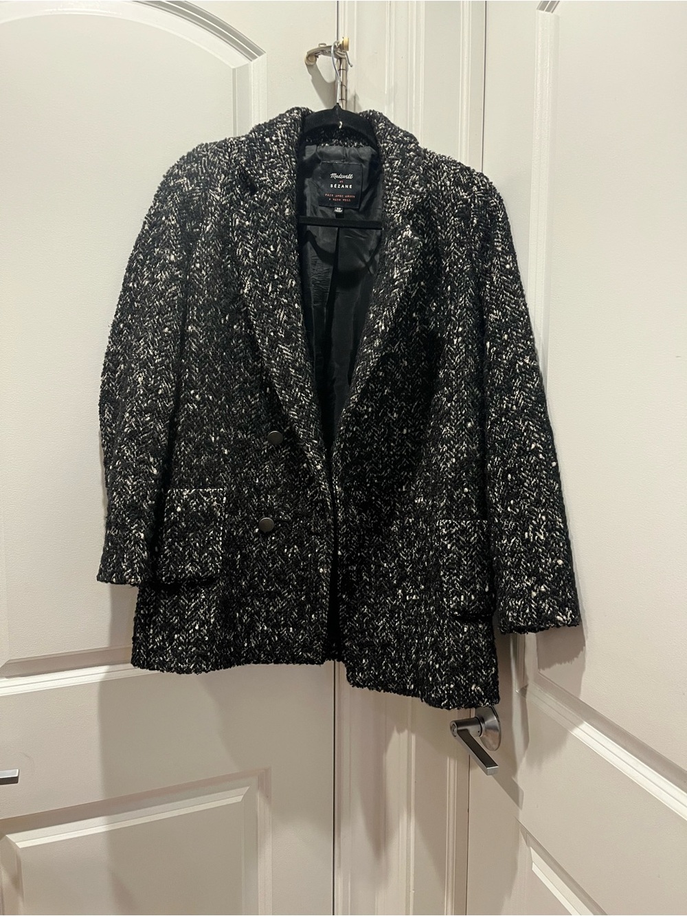 Sezane Black & White Tweed Double-Breasted Blazer
